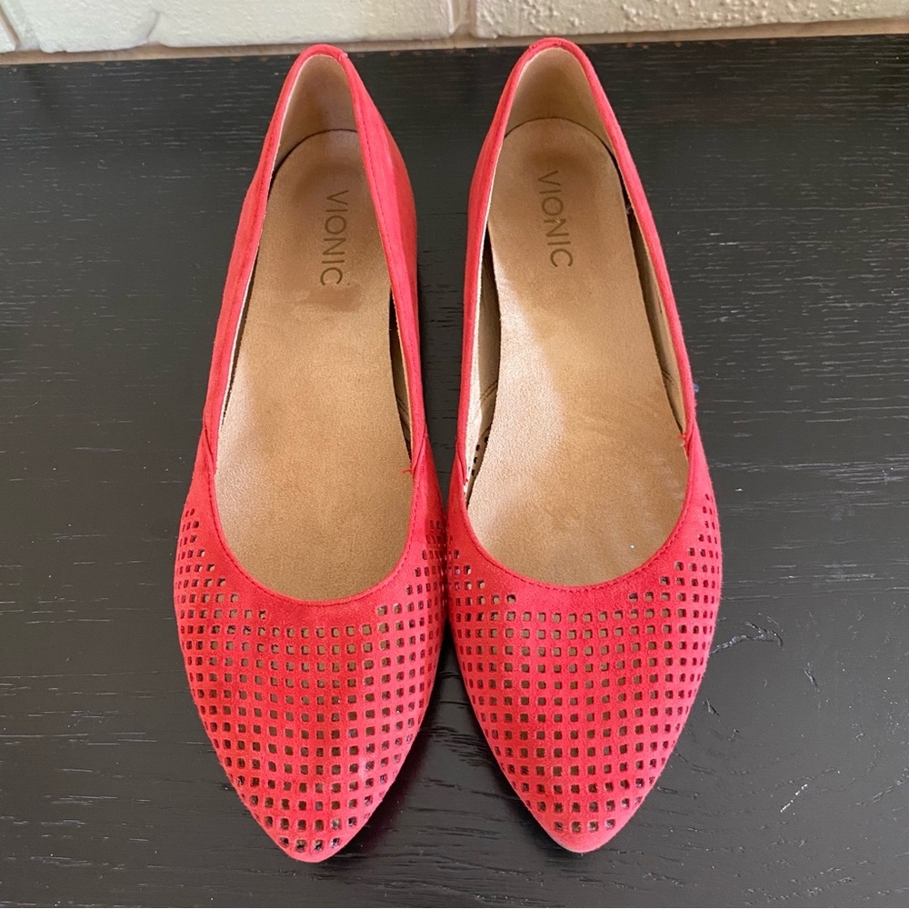 Vionic Posey Pointed Toe Flat Red Perforated Sued… - image 2